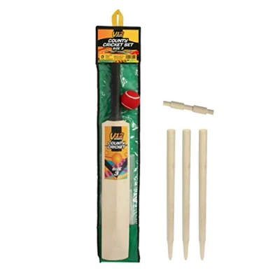 Image of cricket set size 3, smaller ideal for learning the sport, wooden bat, stumps bails and ball beach or park practice