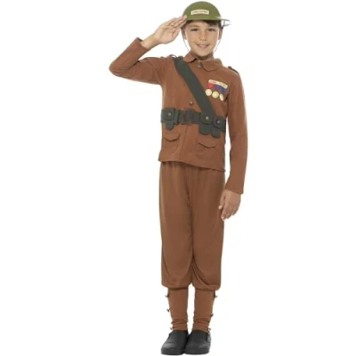 Image of Horrible Histories Children&#039;s Soldier Costume, Brown Outfit &amp; Helmet, Official License Costume for Historical School Events or Halloween, Ideal Educational Dress Up
