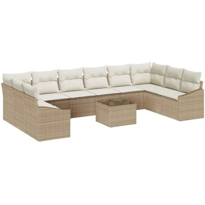 Image of vidaXL 11 Piece Garden Dining Set with Cushions Brown Poly Rattan