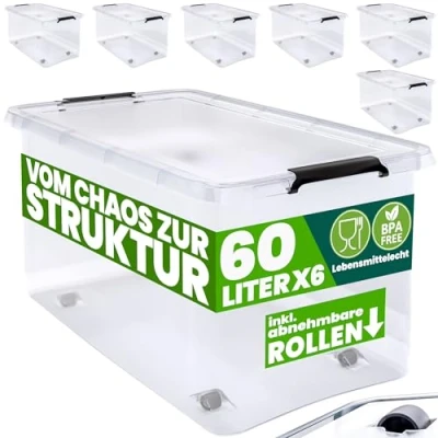 Image of Deuba® 6x 60 Litre Plastic Rolling Storage Boxes with Lid 60L Stackable Clear BPA Free Container Smooth Running Wheels Handle Really Useful Multi Purpose Clip Lock Home Organiser