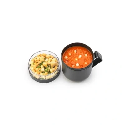 Image of Brabantia Make &amp; Take Soup Mug 0.6L with Screw On Toppings Container (180 ml) Handle Leakproof Large Opening Suitable for Freezer Dishwasher Microwave Safe Dark Grey