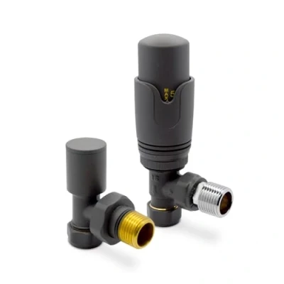 Image of Anthracite Angled Modern Thermostatic Radiator Towel Rail Valves Central Heating (Pair) 1/2&quot; BSP