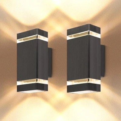 Image of YICALE Outdoor Wall Lights Mains Powered,Up Down IP65 Outside Lights,Black LED Porch Front Door Square Aluminium External Light Mounted for House,6W GU10*4