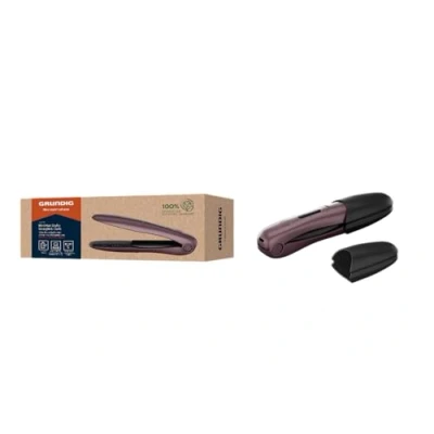 Image of Grundig HS 6330 Mini Hair Straightener, Travel 3 Temperature Levels (160/180/200C), Small Plates, Ceramic Coating, LE Display, Up to 32 Minutes Operating Time, Safety Shut Off, Purple