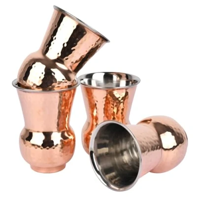 Image of Zap impex Copper and Stainless Steel Drinkware Accessories Mughalai Cups, Set of 4 Glass Capacity 400 ml Serving Tableware for Household Kitchen
