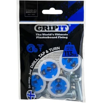 Image of Gripit Blue Heavy Duty Plasterboard Fixings Reusable Drywall Pack of 4 Holds Up to 113kg Easy Install Anchor for TV, Stud Walls, Kitchen Units &amp; Boilers UK Designed