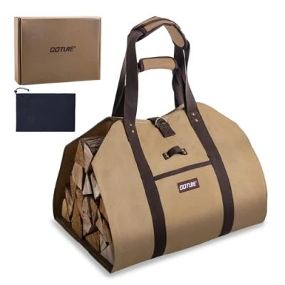 Image of Goture 20oz Waxed Canvas Firewood Carrier, Heavy Duty Log Large Bag with Dual Handles, Open Side Storage Tote for Camping and Indoor Use, Kindling