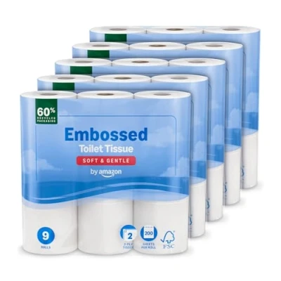 Image of by Amazon Toilet Roll, 2 Ply Embossed, Soft and Gentle, 45 Rolls (5 Packs of 9), 200 Sheets per FSC Certified