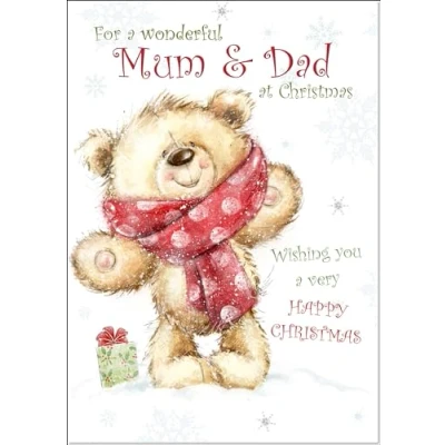 Image of doodlecards Mum and Dad Christmas Card Teddy Bear with Red Scarf Medium Size for &amp; Plain Envelope