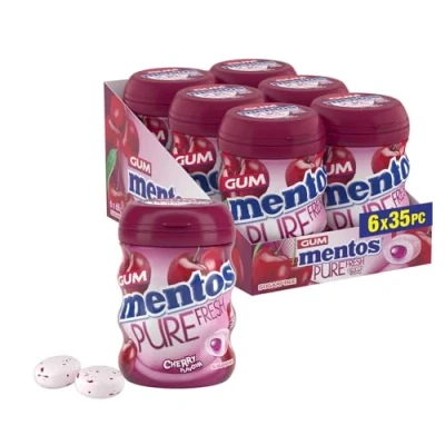 Image of Mentos Pure Fresh Cherry Chewing Gum 35 Pieces Sugar Free, Bursting with Flavor, Refreshing, On the Go, Xylitol, 90 g (Pack of 6)