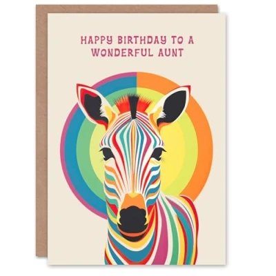 Image of Artery8 Aunt Happy Birthday Card Fun Rainbow Zebra Stripes Bauhaus Bright Funky For Her Greeting
