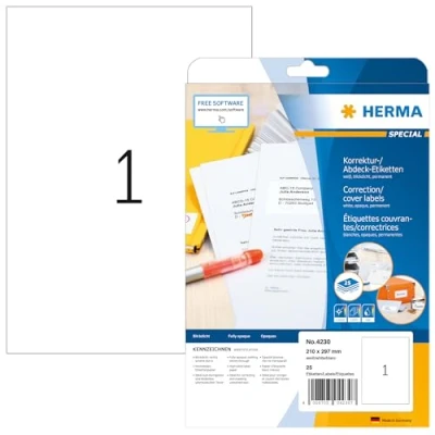 Image of HERMA Self Adhesive Correction Labels, 1 Label per A4 Sheet, 25 Sheets, 210 x 297 mm, Blank Opaque Labels Stickers, Sticky for Laser &amp; Inkjet Printer, White