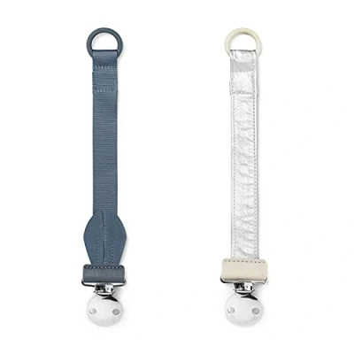 Image of Elodie Details Dummy Chain Pack of 2 Fabric and Stainless Steel Clip for Baby Boy Girls, Universal Silicone Ring, Suitable All Dummies Tender Blue Bunny/Stone Silver