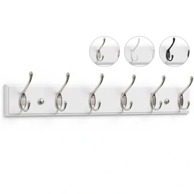 Image of LARHN White Coat Hooks Wall Mounted Rack 6 Matt Nickel 59 cm All Fixings Included for Quick &amp; Easy Installation