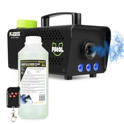 Image of Fuzzix F503L Smoke Machine with Built in RGB LED Lights, Wireless Remote Control and 1L Green Fog Fluid for Halloween House Party