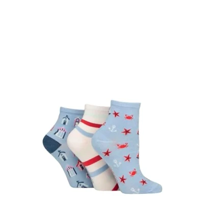 Image of Women&#039;s 3 Pair SOCKSHOP Plain and Patterned Bamboo Ankle Socks Nautical 4 8