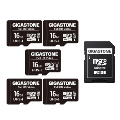 Image of Gigastone Micro SD Card 16GB 5 Pack with 1x Adapter + 2x Mini case, FHD Video, Surveillance Security Cam Action Camera Drone, 85MB/s SDXC UHS I U1 Class 10