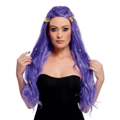 Image of Smiffys Fortune Teller Wig, Purple with Coin Detail, Circus Fancy Dress, Halloween Dress Up Wigs
