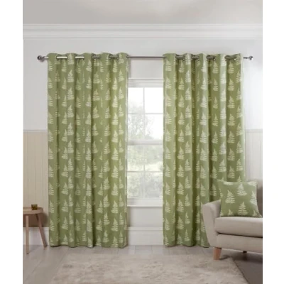 Image of Sundour Ring Top Eyelet Curtains Curtain Pair Esher Fern Leaf Green 46x72 (117x183cm)