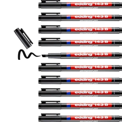 Image of edding 143 B permanent pen black 10 pens chisel nib 1 3 mm for writing on glass, plastic, foils and smooth surfaces permanent, quick drying, smudge proof waterproof