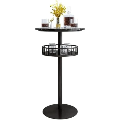 Image of Modern Round Marble Bar Table, Counter High Cocktail Table with Metal Frame, Sturdy Double Storage, Suitable for Home Decor, Living Room Bistro Dining