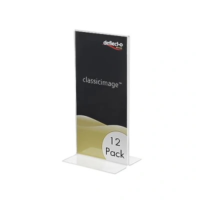 Image of Deflecto 1/3 A4 Portrait Stand Up Sign Holder Pack of 12 Stall Display Stands Signs Board Menu Leaflet Document Holders