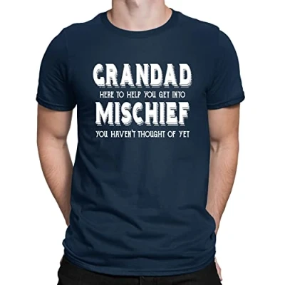Image of Mens Grandad Help You Get Into Mischief Funny Slogan T Shirt Navy Blue (M)