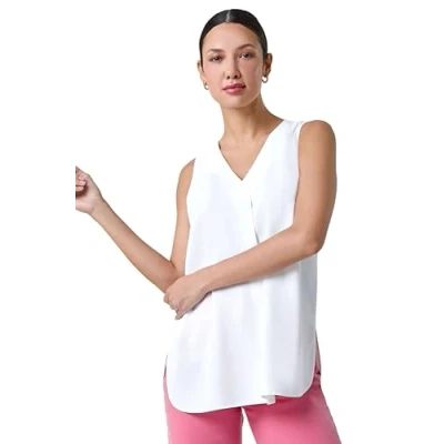Image of Roman Womens V Neck Sleeveless Vest Pleat Top Ivory Size 22 UK