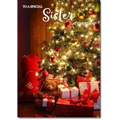 Image of doodlecards Sister Christmas Card Teddy by Tree Large A4 Size for with Plain Envelope