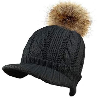 Image of TOSKATOK Ladies Womens Cable Knit Peaked Beanie Cap Hat with Warm Fleece Lining and Detachable Faux FUT Pom Black