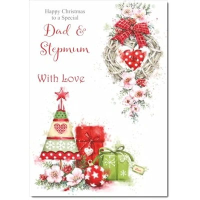 Image of doodlecards Dad and Stepmum Christmas Card Heart Decorations Medium Size for &amp; with Plain Envelope