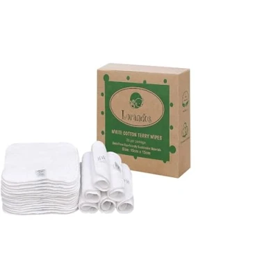 Image of Lorandos 25 Reusable Baby Wipes (15x15cm) white Cotton Terry Washable Wash Cloths Soft Flannel Cloth Suitable For Hand and Faces