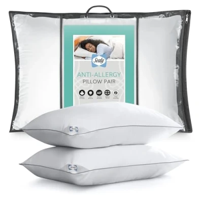 Image of Sealy Anti Allergy Pillows Pack of 2 Medium Support Bed For All Sleeping Positions with Dupont Fibres and Piped Edges Machine Washable,White,551267GE