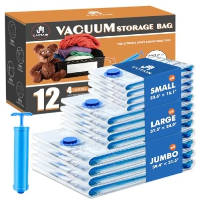 Image of CaptainFive Vacuum Storage Bags 12 Pack for Clothes（4 Jumbo, 4 Large, Small）Reusable with Travel Hand Pump Duvets, Bedding, Pillows, Seal Home, Moving and