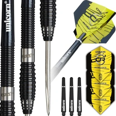 Image of Unicorn Darts Set Contender Owen Roelofs 90% Tungsten Barrels with Black Coating &amp; Intricately Machined Grip Rings Durable Stunning Ultrafly Flights Steel Tip Volute Points 22 g