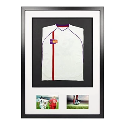 Image of Vivarti DIY Infant 3D Mounted + Double Aperture Sports Shirt Display Frame for Football Shirt, Rugby Band T Shadow Box 50x 70cm Black Frame, White Mount, Backing Card