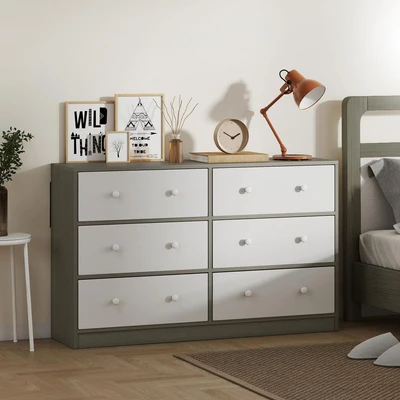 Image of Chest of Drawers, 6 Drawer Dresser for Bedroom, White and Grey Homcom