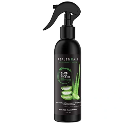 Image of Replenhair Rice Water Aloe Vera Hair Growth Spray Leave In Conditioner Infused with &amp; Essential Oil for Growth, Moisturiser Bottle Fall, Dandruff Nourishment, 250ml