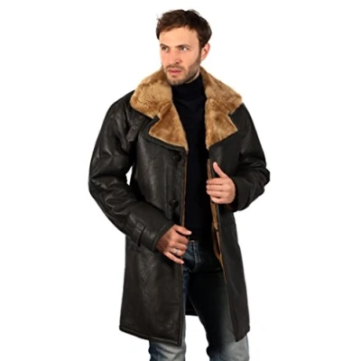 Image of Infinity Men&#039;s Brown Long Shearling Ginger Sheepskin Leather Coat with BeltM