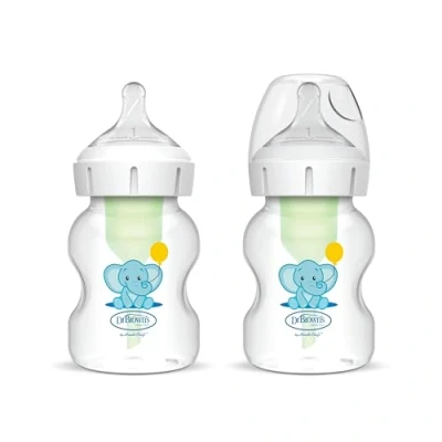 Image of Dr Brown&#039;s Natural Flow® Anti Colic Options+™ Wide Neck Baby Bottle, 5oz/150ml, with Level 1 Teats, 2 Pack, Elephant