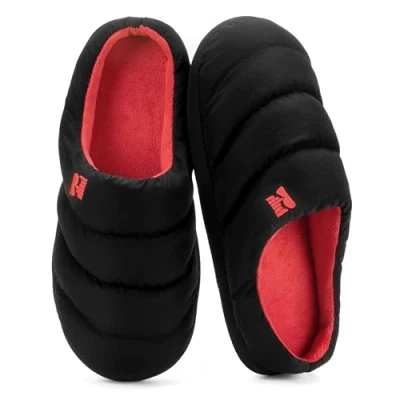 Image of RockDove Men&#039;s Campground Memory Foam Down Slipper, Size 8/9 UK Men, Black and Red