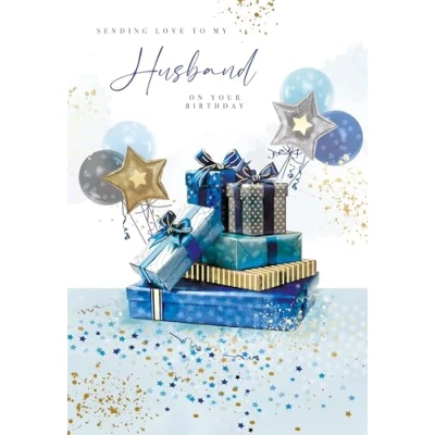 Image of Cherry Orchard Husband Birthday Card Modern Presents &amp; Balloons Design Gold Foil Finish From
