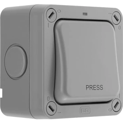 Image of BG Electrical Outdoor Retractive Single Wall Press Switch with LED Indicator, Weatherproof Storm, 2 Way, Grey, 20A, IP66 Rated, WP14