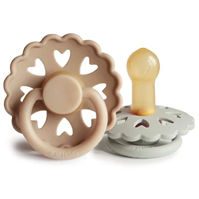 Image of FRIGG Fairytale Latex Pacifier Pack of 2 Natural Rubber Soother Dummy BPA Free Made in Denmark Symmetrical Cherry Shaped Nipple (Silky Satin/Willow Gray, Size (6 18 Months))