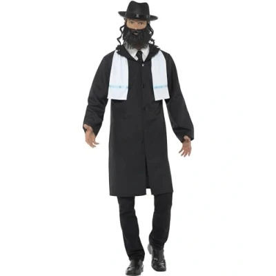Image of Smiffys Rabbi Costume, Black with Jacket, Scarf, Hat &amp; Beard, Saints and Sinners Fancy Dress, Adult Dress Up Costumes