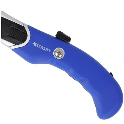 Image of Westcott Heavy Duty Safety Cutter Utility Knife with 19mm Trapezoid Blade Includes 5 Replacement Blades Spring Back for Maximum Ergonomic Handle E 84048 00
