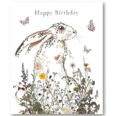 Image of Female Birthday Card General for Women/For Her Pressed Flowers Wildflower Hare and Butterflies Artistic Wildpress Design by Helen Ahpornsiri Made in the UK