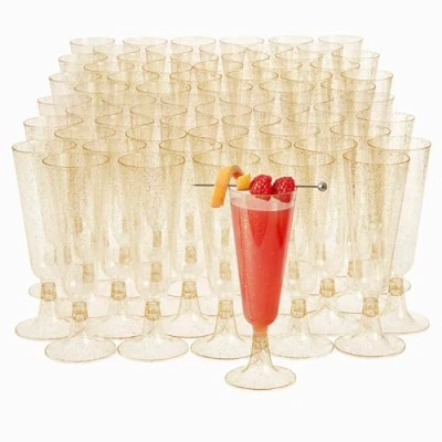 Image of MATANA 150 Premium Plastic Champagne Flutes with Gold Glitter, 150ml / 5oz Toasting Glasses for Cocktail, Prosecco, Dessert Reusable Cups Parties, Weddings, Birthdays, Christmas, BBQ