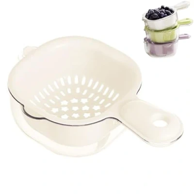 Image of Fruit Strainer Dual Layer Veggie Colander,Kitchen Draining Basket with Handle,Fruit Vegetable Drainer Bowl,for Mini Tomato Berry and Grape Washer (White)