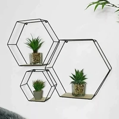 Image of HomeZone Set Of 3 Modern Hexagon Shaped Black Metal Wall Shelves Floating Shelving Unit Mounted Storage Contemporary Display Units Home or Office Décor